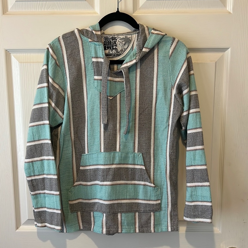 Original Senior Lopez Striped Hoodie, Sz Small - Teal Gray and White